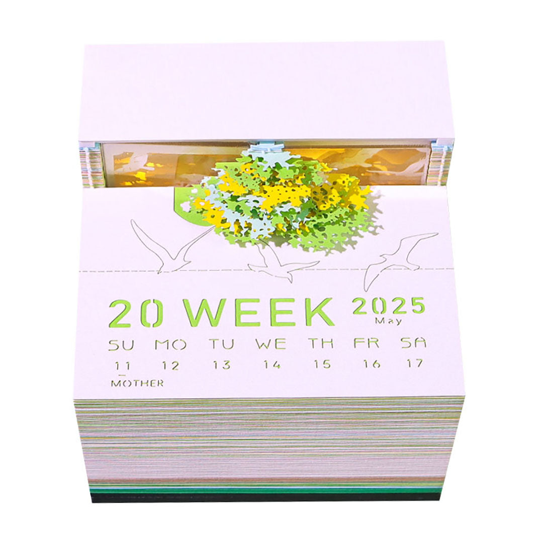 Time Piece 3D Calendar 2025, Green Tree 2025 Desk Calendar, 2025 Desk Calendar artistic memo pad ，with Lights for Desktop Decoration，Housewarming Desk Gifts