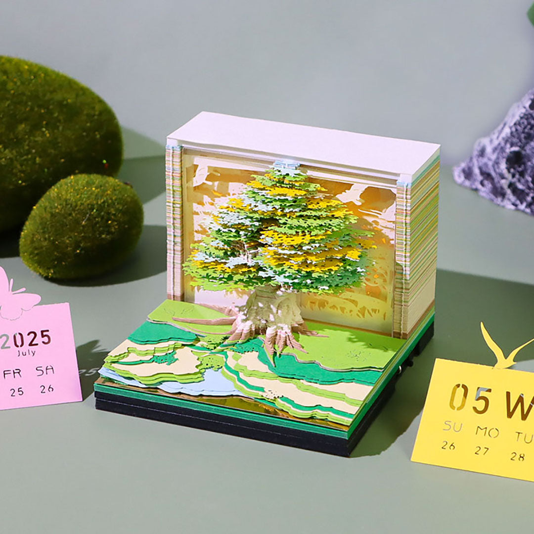 Time Piece 3D Calendar 2025, Green Tree 2025 Desk Calendar, 2025 Desk Calendar artistic memo pad ，with Lights for Desktop Decoration，Housewarming Desk Gifts