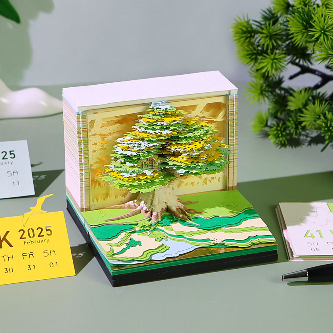 Time Piece 3D Calendar 2025, Green Tree 2025 Desk Calendar, 2025 Desk Calendar artistic memo pad ，with Lights for Desktop Decoration，Housewarming Desk Gifts