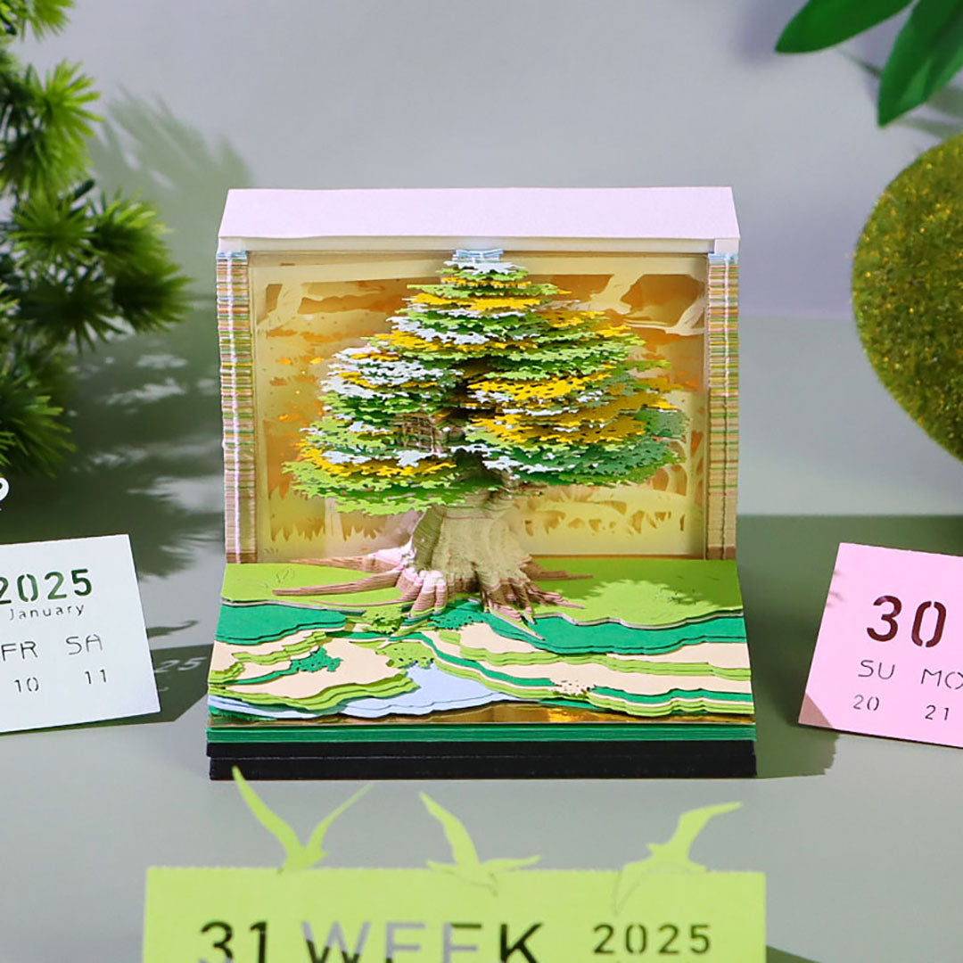 Time Piece 3D Calendar 2025, Green Tree 2025 Desk Calendar, 2025 Desk Calendar artistic memo pad ，with Lights for Desktop Decoration，Housewarming Desk Gifts
