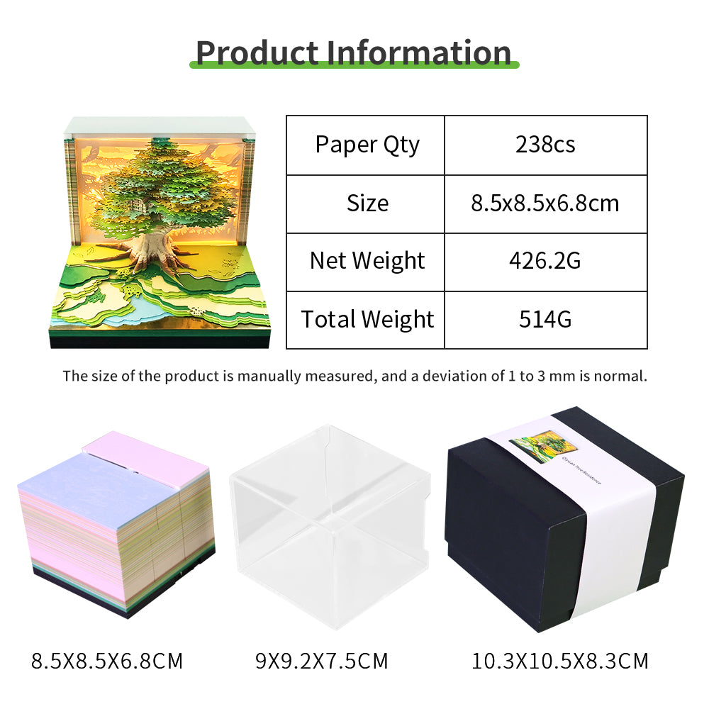 Time Piece 3D Calendar 2025, Green Tree 2025 Desk Calendar, 2025 Desk Calendar artistic memo pad ，with Lights for Desktop Decoration，Housewarming Desk Gifts