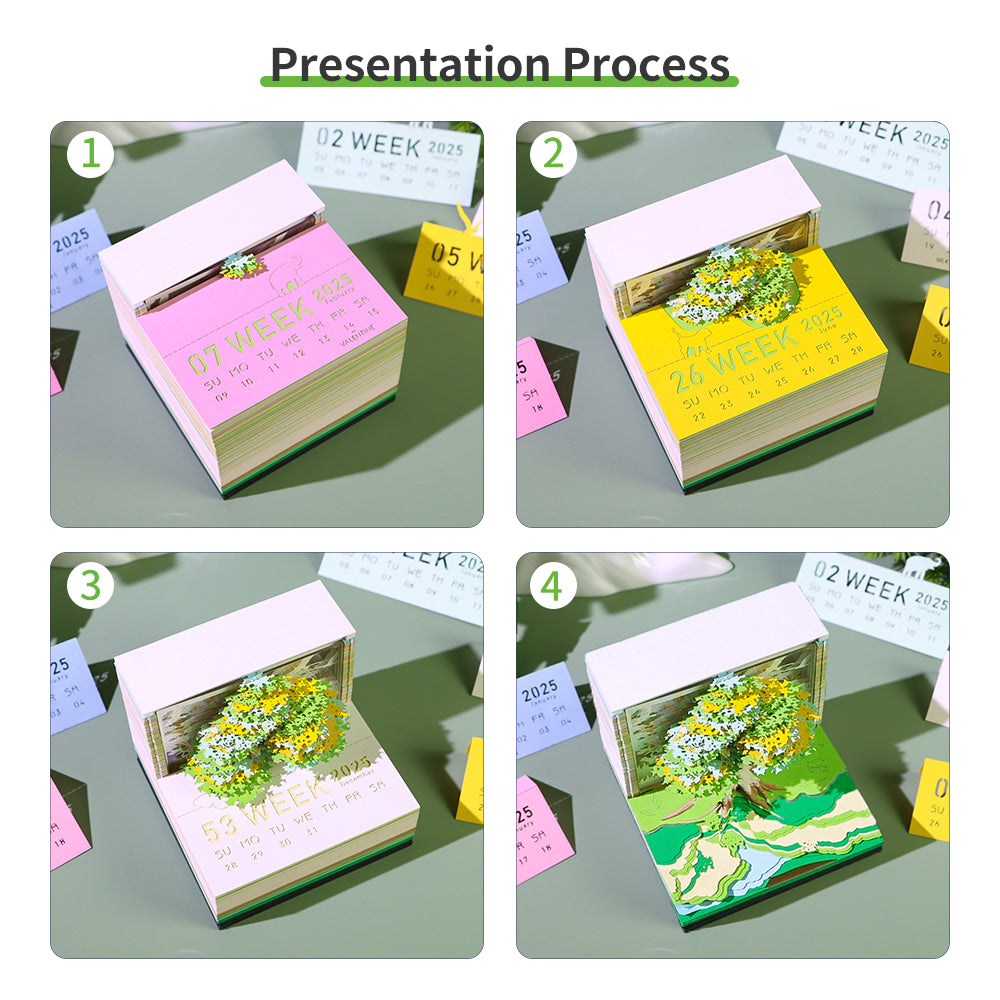 Time Piece 3D Calendar 2025, Green Tree 2025 Desk Calendar, 2025 Desk Calendar artistic memo pad ，with Lights for Desktop Decoration，Housewarming Desk Gifts