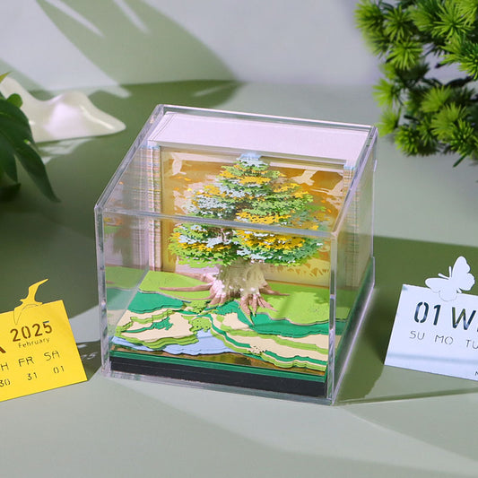 Time Piece 3D Calendar 2025, Green Tree 2025 Desk Calendar, 2025 Desk Calendar artistic memo pad ，with Lights for Desktop Decoration，Housewarming Desk Gifts